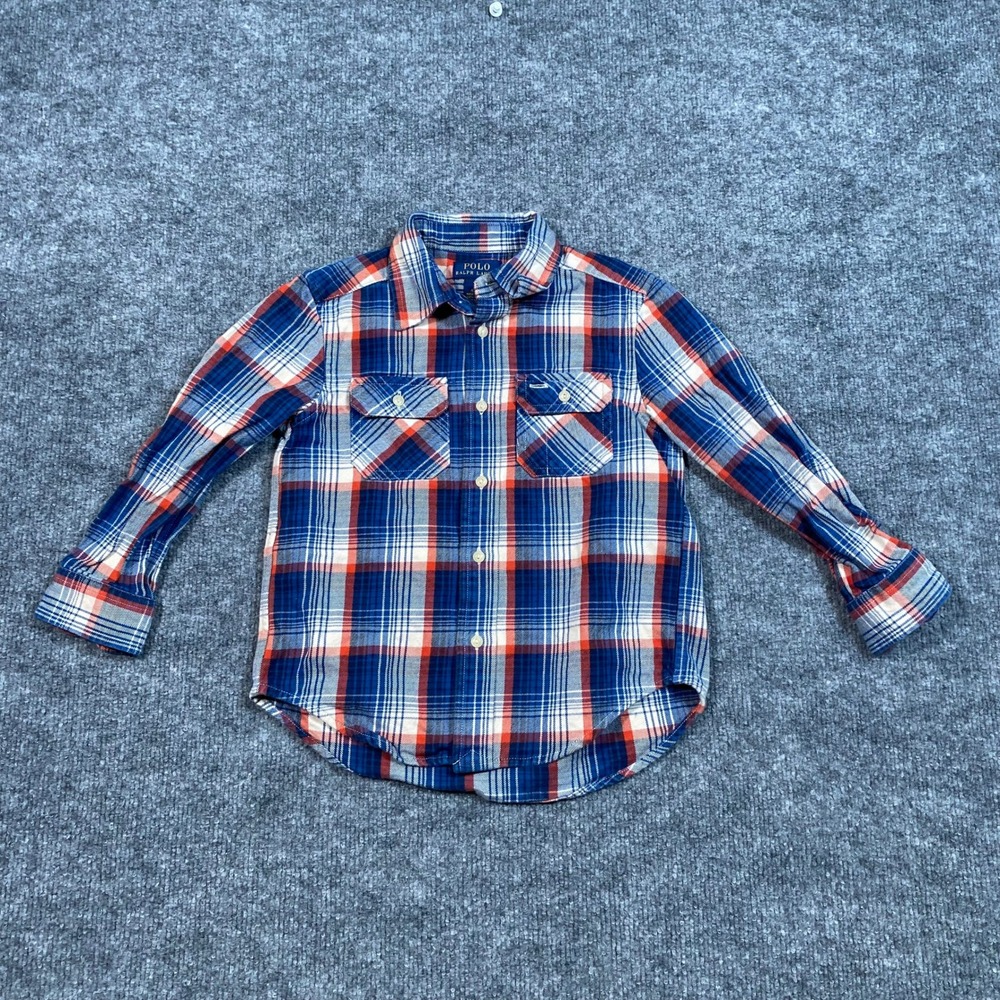 Polo Ralph Lauren Kids Blue Orange Plaid Button Down Shirt 4 4T Cotton